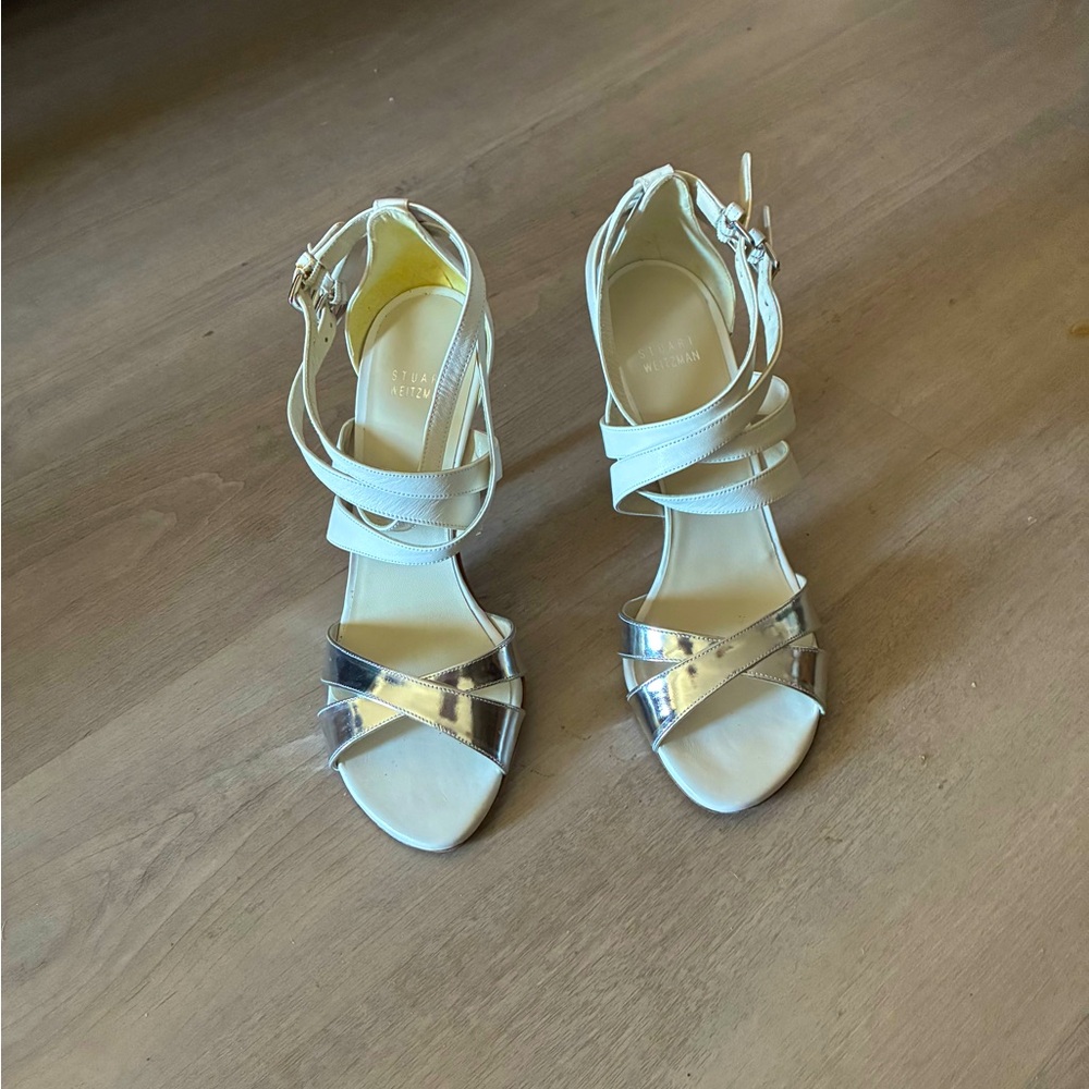 Stuart Weitzman White and Silver Strappy Sandals
